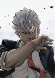 Rule 34 | andy (undead unluck), angry, black jacket, blood, blouse, blue eyes, highres, jacket, necktie, shirt, undead unluck, white background, white hair, white shirt
