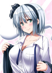 Rule 34 | 1girl, black ribbon, black vest, blue ribbon, blush, breasts, cleavage, closed mouth, collarbone, commentary request, dress shirt, green eyes, hair ribbon, hairband, highres, konpaku youmu, konpaku youmu (ghost), large breasts, light smile, lips, long sleeves, looking at viewer, neck ribbon, nori tamago, open clothes, open vest, ribbon, seductive smile, shirt, short hair, silver hair, smile, solo, touhou, unbuttoned, undressing, upper body, vest, white shirt