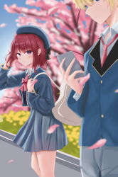 Rule 34 | 1boy, 1girl, absurdres, arima kana, beret, blonde hair, blue eyes, blue headwear, blue jacket, blush, bow, bowtie, buttons, cellphone, cherry blossoms, commentary request, deai san, falling petals, flower, grey pants, grey skirt, hat, highres, holding, holding phone, hoshino aquamarine, jacket, long sleeves, looking at another, necktie, oshi no ko, pants, petals, phone, pink flower, pleated skirt, red bow, red bowtie, red eyes, red hair, red necktie, school uniform, shirt, short hair, skirt, uniform, white shirt
