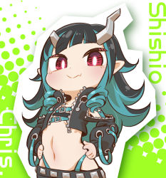 Rule 34 | 1girl, nanashi inc., belt, belt bra, black hair, black jacket, black skirt, blue belt, blue hair, blush, bright pupils, chaki (teasets), character name, chest belt, chibi, closed mouth, clothing cutout, commentary request, cropped jacket, cross-laced clothes, cross-laced sleeves, demon girl, demon horns, flat chest, highres, horns, jacket, long hair, long sleeves, looking at viewer, midriff, multicolored hair, navel, open clothes, open jacket, pointy ears, red eyes, shishio chris, shoulder cutout, skirt, smile, solo, sugar lyric, two-tone hair, upper body, virtual youtuber, white pupils