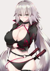 Rule 34 | 1girl, ahoge, bikini, black bikini, black choker, black jacket, breasts, choker, cleavage, collarbone, commentary request, cropped jacket, fate/grand order, fate (series), gloves, grey background, hair between eyes, highres, jacket, jeanne d&#039;arc alter (swimsuit berserker) (fate), jeanne d&#039;arc (fate), jeanne d&#039;arc alter (fate), jeanne d&#039;arc alter (swimsuit berserker) (fate), katana, large breasts, long hair, looking at viewer, navel, ninoude (ninoude44), o-ring, o-ring bikini, o-ring bottom, o-ring top, open mouth, sheath, sheathed, shrug (clothing), simple background, solo, swimsuit, sword, thigh strap, weapon, yellow eyes