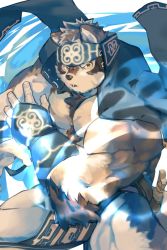 Rule 34 | 1boy, :o, animal ears, bara, bare pectorals, chest hair, close-up, fighting stance, furry, furry male, grey fur, grey hair, headband, highres, horkeu kamui, jacket, jacket on shoulders, large pectorals, male focus, multicolored hair, muscular, pectorals, pelvic curtain, revealing clothes, short hair, solo, spread legs, tail, thick thighs, thighs, tokyo houkago summoners, two-tone fur, upper body, white fur, wolf boy, wolf ears, wolf tail, yellow eyes, zoyu (wuedti)