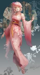 Rule 34 | 1girl, absurdres, arm at side, bare shoulders, breasts, cherry blossoms, detached sleeves, floral background, floral print, flower, folding fan, full body, gradient background, hair flower, hair ornament, hair stick, hand fan, highres, japanese clothes, kikumon, kimono, lipstick, long hair, long sleeves, looking at viewer, makeup, medium breasts, miracle nikki, obi, outstretched hand, parted lips, pink kimono, sash, side ponytail, sidelocks, sketch, solo, superdong, tassel, wide sleeves, yellow eyes