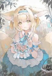 Rule 34 | 1girl, alternate costume, animal ear fluff, animal ears, arknights, arm garter, artist name, bare shoulders, blue hairband, blush, bouquet, detached collar, dokomdokom, dress, flower, fox ears, fox girl, fox tail, frilled hairband, frills, hairband, highres, holding, holding bouquet, kitsune, kyuubi, long hair, looking at viewer, multiple tails, open mouth, signature, solo, suzuran (arknights), tail, two side up, yellow eyes