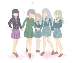 Rule 34 | 5girls, bang dream!, bang dream! it&#039;s mygo!!!!!, black hair, blue eyes, blue hair, brown footwear, brown hair, closed eyes, closed mouth, commentary, crychic (bang dream!), falling petals, full body, green hair, green jacket, green skirt, grey hair, grey neckerchief, grey shirt, grey skirt, grin, haneoka school uniform, hashtag-only commentary, highres, holding hands, jacket, long hair, long sleeves, looking at viewer, mole, mole under eye, multiple girls, neckerchief, necktie, petals, plaid, plaid skirt, pleated skirt, purple necktie, purple skirt, sailor collar, school uniform, shirt, short hair, simple background, skirt, smile, standing, takechi63, tsukinomori school uniform, two side up, white background, white sailor collar