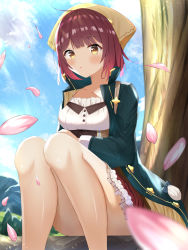 Rule 34 | 1girl, absurdres, atelier (series), atelier sophie, bare legs, blue coat, blush, breasts, brown hair, coat, convenient leg, corset, day, firin, frilled skirt, frills, head scarf, highres, knees up, legs, looking at viewer, medium breasts, open mouth, outdoors, petals, red hair, red skirt, short hair, sitting, skirt, solo, sophie neuenmuller, sunlight, thighs, upskirt, yellow eyes