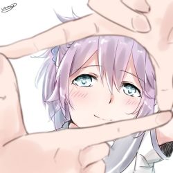 Rule 34 | 1girl, aoba (kancolle), blue eyes, hair between eyes, hair ornament, hair scrunchie, kantai collection, looking at viewer, ponytail, purple hair, scrunchie, signature, simple background, smile, solo, white background, yukai nao