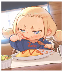 Rule 34 | &gt;:(, 1girl, blonde hair, blue eyes, blue shirt, blush, child, cup, eating, food, hair tie, high chair, indoors, kozato (yu kozato), looking at viewer, mug, omelet, omurice, original, plate, rice, salad, shirt, short hair, sidelocks, sitting, solo, t-shirt, twintails, upper body, v-shaped eyebrows, wind chime, window, window blinds
