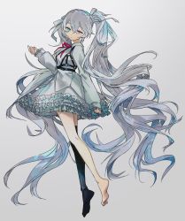 Rule 34 | 1girl, 25-ji miku, amg (amo10), asymmetrical legwear, bad id, bad twitter id, barefoot, black thighhighs, closed mouth, expressionless, grey background, grey theme, hatsune miku, heterochromia, highres, long hair, long sleeves, looking at viewer, no shoes, project sekai, simple background, solo, thighhighs, twintails, very long hair, vocaloid