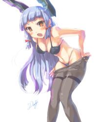 Rule 34 | 10s, 1girl, absurdres, armadillo-tokage, bad id, bad pixiv id, bare shoulders, black bra, black panties, blue hair, bra, breasts, clothes pull, hair ornament, highres, kantai collection, long hair, looking at viewer, murakumo (kancolle), navel, open mouth, orange eyes, panties, pantyhose, pantyhose pull, solo, thighband pantyhose, thong, underwear, underwear only