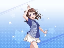 Rule 34 | 1girl, :d, bang dream!, blue shirt, blush, breasts, brown hair, child, hair ornament, hairclip, jersey, long hair, open mouth, purple eyes, shirt, short hair, skirt, small breasts, smile, solo, striped clothes, striped shirt, toyama kasumi, white skirt