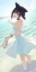 Rule 34 | 1girl, absurdres, alternate costume, animal ears, bare legs, bare shoulders, barefoot, black choker, black hair, blue archive, blush, bracelet, breasts, cat ears, choker, colored inner hair, dress, extra ears, feet, halo, highres, holding, holding shoes, jewelry, kazusa (blue archive), looking at viewer, looking back, multicolored hair, ningen gokko, outdoors, pink hair, see-through silhouette, shoes, short hair, short ponytail, sleeveless, sleeveless dress, small breasts, smile, soles, solo, toes, two-tone hair, unworn shoes, wading, white dress