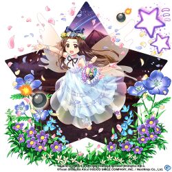 Rule 34 | 1girl, :d, alternate costume, basket, blue bow, blue flower, bomb, bow, brown eyes, brown hair, copyright name, copyright notice, dress, explosive, fairy wings, falling star, flower, full body, game cg, hair bow, holding, holding basket, looking at viewer, mountain, open mouth, parted lips, petals, purple flower, rotte (1109), smile, solo, star (symbol), star sapphire, star sapphire (white star fairy), third-party source, touhou, touhou lostword, white dress, white flower, white footwear, wings