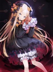 Rule 34 | 1girl, abigail williams (fate), artist name, black bow, black dress, black hat, blonde hair, bloomers, blue eyes, bow, bug, butterfly, dress, eyes visible through hair, fate/grand order, fate (series), forehead, hair bow, hat, head tilt, highres, holding, holding stuffed toy, insect, key, long hair, long sleeves, looking at viewer, orange bow, parted bangs, polka dot, polka dot bow, sleeves past wrists, solo, stuffed animal, stuffed toy, teddy bear, tonowa, underwear, very long hair, white bloomers
