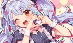 Rule 34 | 1boy, ;d, apron, black shirt, blue hair, blush, bow, bowtie, commentary request, fang, floating hair, hair bow, heart, heart hands, inuyama tamaki, looking at viewer, maid apron, maid headdress, male focus, noripro, official art, one eye closed, open mouth, orange eyes, pink bow, pink bowtie, sakura yuki (clochette), shirt, short sleeves, skin fang, smile, solo, striped clothes, striped shirt, trap, tsukudani norio channel, twintails, upper body, virtual youtuber, wrist cuffs