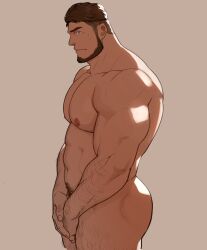 Rule 34 | 1boy, arm hair, ass, bara, beard, brown hair, closed mouth, completely nude, covering crotch, covering privates, facial hair, grey background, highres, large pectorals, male focus, male pubic hair, muscular, muscular male, navel, nipples, nude, original, pectorals, pubic hair, sakuramarusan, short hair, simple background, solo