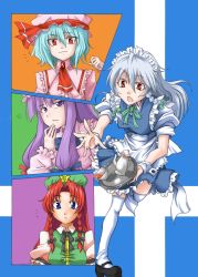 Rule 34 | 4girls, bad id, bad pixiv id, blue eyes, blue hair, braid, china dress, chinese clothes, cup, dress, embodiment of scarlet devil, female focus, hat, hong meiling, izayoi sakuya, long hair, maid, multiple girls, patchouli knowledge, purple eyes, purple hair, red eyes, red hair, remilia scarlet, rurie (lourie), short hair, silver hair, tea, teacup, thighhighs, touhou, twin braids