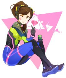 Rule 34 | 1girl, bodysuit, brown eyes, brown hair, commentary, crossed legs, d.va (overwatch), english commentary, facial mark, from side, full body, gloves, grey gloves, hair over shoulder, halphelt, hand up, highres, holding, long hair, looking at viewer, looking to the side, multicolored bodysuit, multicolored clothes, nano cola, nano d.va, official alternate costume, overwatch, overwatch 1, parted lips, simple background, smile, solo, whisker markings, white background