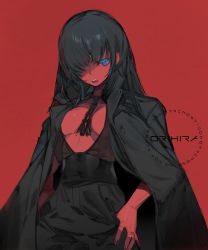 Rule 34 | 1girl, artist name, black choker, black coat, black hair, blue eyes, choker, coat, coat on shoulders, colored skin, hair over one eye, hands in pockets, highres, long hair, multicolored clothes, multicolored coat, nail polish, open mouth, original, orihira, red background, red coat, red nails, red skin, red theme, simple background, solo, teeth, thumb in pocket, two-tone coat, upper teeth only