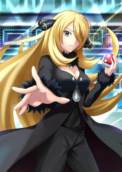 Rule 34 | 1girl, absurdres, black eyes, black jacket, black pants, black shirt, blonde hair, breasts, cleavage, closed mouth, commentary, creatures (company), cynthia (pokemon), floating hair, fur-trimmed jacket, fur-trimmed sleeves, fur collar, fur trim, game freak, hair ornament, hair over one eye, harukey, highres, holding, holding poke ball, jacket, long hair, long sleeves, looking at viewer, medium breasts, nintendo, one eye covered, outstretched arm, pants, poke ball, poke ball (basic), pokemon, pokemon dppt, shirt, sidelocks, solo, very long hair