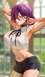 Rule 34 | 1girl, armpits, bare shoulders, black choker, black shorts, blush, breasts, chainsaw man, choker, collared shirt, commentary, cropped shirt, english commentary, foxyreine, green eyes, grenade pin, hair between eyes, hair bun, highres, large breasts, making-of available, medium hair, midriff, navel, paid reward available, purple hair, revision, reze (chainsaw man), shirt, short shorts, shorts, side slit, side slit shorts, single hair bun, sleeveless, sleeveless shirt, solo, stomach, sweat, thighs