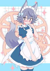 Rule 34 | 1girl, absurdres, animal ears, apron, bespectacled, blue thighhighs, blush, closed mouth, glasses, grey hair, highres, izayoi sakuya, kemonomimi mode, looking at viewer, maid, maid apron, maid headdress, short hair, solo, tail, thighhighs, touhou, wolf ears, wolf girl, wolf tail, yodok