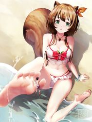 Rule 34 | 1boy, 1girl, absurdres, acorn, animal ear fluff, animal ears, arm support, armpit crease, ayunda risu, barefoot, beach, bikini, blush, bracelet, breasts, collarbone, feet, foot focus, foot up, foreshortening, frilled bikini, frills, full body, green eyes, hair ornament, highres, hololive, hololive indonesia, jewelry, lace trim, large breasts, leaning back, legs, long hair, midriff, mini person, miniboy, navel, necklace, open mouth, outdoors, red ribbon, ribbon, shadow, shiny skin, sidelocks, sitting, soles, squirrel ears, squirrel girl, squirrel tail, suryua, swept bangs, swimsuit, tail, thighs, toes, virtual youtuber, water, white bikini