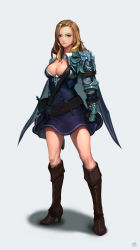 Rule 34 | 1girl, absurdres, armor, arms at sides, bandolier, belt, belt buckle, blue dress, boots, breasts, brown belt, brown footwear, brown gloves, brown hair, buckle, cape, cleavage, clenched hand, closed mouth, commentary, dae jun park, dress, elbow pads, eyelashes, full body, gauntlets, gloves, high heel boots, high heels, highres, knee boots, knight, legs apart, light brown hair, light smile, lips, long hair, long sleeves, looking at viewer, medium breasts, nose, original, parted bangs, pauldrons, pink lips, scabbard, sheath, sheathed, short dress, shoulder armor, signature, simple background, skirt, solo, standing, sword, weapon