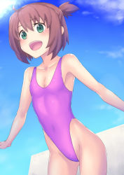 Rule 34 | 1girl, blue sky, brown hair, character request, cloud, copyright request, cowboy shot, day, green eyes, hai (h81908190), highleg, highleg leotard, highleg swimsuit, leotard, one-piece swimsuit, open mouth, outdoors, outstretched arms, pink leotard, short hair, side ponytail, sky, smile, solo, swimsuit, teeth, upper teeth only