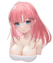Rule 34 | 1girl, ahoge, blue eyes, blunt bangs, breasts, cleavage, closed mouth, collarbone, cropped torso, hair ornament, hairclip, heart-heavenly5, highres, large breasts, long hair, looking at viewer, original, pink hair, simple background, smile, solo, strapless, white background