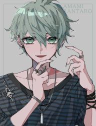 Rule 34 | 1boy, :d, amami rantaro, danganronpa (series), danganronpa v3: killing harmony, ear piercing, earrings, green eyes, green hair, grey background, hair between eyes, hands up, heart, highres, jewelry, looking at viewer, male focus, open mouth, piercing, ring, ru-pe (gstm 0915), shirt, short hair, simple background, smile, solo, striped clothes, striped shirt