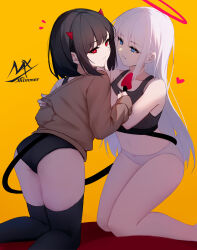 Rule 34 | 2girls, angel and devil, angel girl (shimmer), ass, bare arms, bare shoulders, black-haired demon girl (shimmer), black hair, black nails, black panties, black thighhighs, blue eyes, bow, bow panties, brown sweater, demon girl, demon horns, demon tail, halo, highres, horns, kneeling, long hair, multiple girls, nail polish, off shoulder, original, panties, red eyes, shimmer, signature, simple background, sweater, tail, thighhighs, underwear, very long hair, white hair, white panties, yellow background, yuri