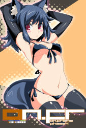 Rule 34 | 1girl, animal ears, armpits, bikini, cat ears, elbow gloves, front-tie top, gloves, omega.ep, original, red eyes, side-tie bikini bottom, solo, swimsuit, tail, thighhighs