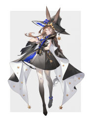 1girl absurdres ambience_synesthesia amiya_(ambience_synesthesia_2024)_(arknights) amiya_(arknights) animal_ears arknights arm_strap black_cape black_dress black_footwear black_hat blue_bow bow brown_hair cape closed_eyes commentary_request dress facing_viewer frilled_hat frills full_body gradient_pantyhose grey_pantyhose hair_bow hat hat_ornament highres instrument jewelry long_hair multiple_rings music official_alternate_costume pantyhose parted_lips playing_instrument rabbit_ears rabbit_girl ring sleeveless sleeveless_dress solo star_(symbol) star_hat_ornament tassel two-sided_cape two-sided_fabric very_long_hair violin white_cape witch_hat zaocan_nai_cha