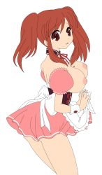 Rule 34 | 1girl, absurdres, asahina mikuru, breasts, brown eyes, brown hair, censored, clothes lift, cosplay, covered erect nipples, dress, female focus, highres, large breasts, legs, long hair, maid, maid headdress, miniskirt, mole, nipples, no bra, no panties, open mouth, pussy, short dress, shy, simple background, sitting, skirt, skirt lift, solo, suzumiya haruhi no yuuutsu, thighs, third-party edit, twintails, upskirt, vector trace, waitress