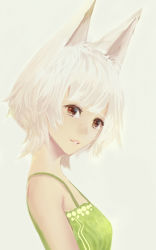 Rule 34 | 1girl, animal ears, breasts, fox ears, from side, green shirt, head tilt, lips, looking at viewer, looking to the side, open mouth, original, sakimori (hououbds), shirt, short hair, simple background, small breasts, smile, solo, tank top, upper body, white background, white hair