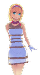 Rule 34 | 1girl, alice margatroid, arm at side, arm behind back, backlighting, bare arms, bare shoulders, blonde hair, blue eyes, culter, dress, gloves, hairband, looking at viewer, meme, meme attire, parted lips, scarf, simple background, sleeveless, sleeveless dress, solo, striped clothes, striped dress, the dress (meme), touhou, white background