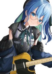 Rule 34 | 1girl, aqua hair, bad id, bad pixiv id, beret, black hat, blue eyes, blue hair, blue jacket, breasts, closed mouth, collared shirt, colored inner hair, commentary request, crossed bangs, electric guitar, glasses, green ribbon, grey hat, grey shirt, guitar, hair between eyes, hat, hololive, hoshimachi suisei, hoshimachi suisei (streetwear), instrument, jacket, kinuta racoon, lace trim, long hair, long sleeves, multicolored hair, neck ribbon, off shoulder, official alternate costume, ribbon, round eyewear, shirt, short sleeves, side ponytail, sidelocks, simple background, small breasts, smile, solo, virtual youtuber, white background