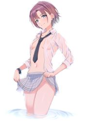 Rule 34 | 1girl, ahoge, artist request, asakura toru, black necktie, blouse, breasts, character request, clothes lift, collared shirt, copyright request, highres, misakichintin, necktie, no panties, open clothes, open shirt, parted bangs, see-through, shirt, short hair, simple background, skirt, skirt lift, small breasts, solo, thighs, wading, wet, wet clothes, wet shirt, white background