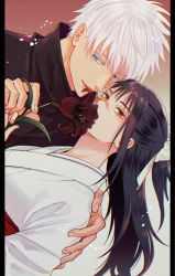 Rule 34 | 1boy, 1girl, ashio, black hair, black jacket, blue eyes, bow, brown eyes, covered mouth, flower, gojou satoru, hair bow, hand on another&#039;s back, high collar, highres, holding, holding flower, iori utahime, jacket, japanese clothes, jujutsu kaisen, kimono, long hair, looking at viewer, looking away, open mouth, red flower, scar, scar on face, short hair, upper body, white bow, white hair