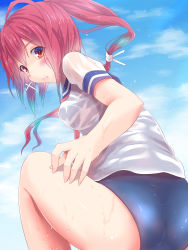 Rule 34 | absurdres, ass, blush, breasts, hair ribbon, highres, i-168 (kancolle), kantai collection, koumei (twinameless), long hair, looking at viewer, looking back, one-piece swimsuit, ponytail, red eyes, red hair, ribbon, school swimsuit, school uniform, serafuku, small breasts, solo, swimsuit, swimsuit under clothes
