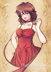 Rule 34 | 1girl, arc the lad, arc the lad iii, artist request, bandage on face, bandages, breasts, brown eyes, brown hair, cheryl (arc the lad), choker, closed mouth, dated, dress, happy birthday, highres, lips, looking at viewer, medium breasts, red choker, red dress, short hair, smile, solo