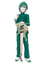 Rule 34 | 1other, :d, \m/, absurdres, androgynous, bad id, bad pixiv id, full body, green hair, green jacket, green pants, guitar, guitaro (yabasaki taro), highres, instrument, jacket, long sleeves, nijisanji, open mouth, pants, purple eyes, ryuushen, shoes, smile, sneakers, solo, standing, track jacket, track pants, track suit, virtual youtuber, white background, white footwear
