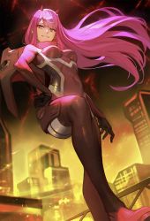 Rule 34 | 10s, 1girl, bodysuit, breasts, building, city, cityscape, clenched teeth, covered navel, darling in the franxx, eyeshadow, fringe trim, from below, green eyes, hair between eyes, hair lift, hairband, hand on own hip, hands on own hip, horns, jimbobox, makeup, medium breasts, oni horns, pilot suit, pink hair, red bodysuit, red horns, skin tight, smirk, solo, straight hair, teeth, white hairband, zero two (darling in the franxx)