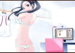 Rule 34 | 1girl, ass, bra, computer, lingerie, looking back, open mouth, original, panties, solo, tsuka (blind side), twintails, underwear, underwear only, undressing