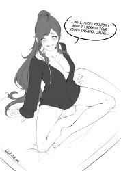 Rule 34 | 1girl, absurdres, barefoot, blush, breasts, cleavage, collarbone, english text, closed eyes, feet, full body, greyscale, happy, highres, hoodie, legs, long hair, long sleeves, looking at viewer, lulu-chan92, monochrome, no bra, ponytail, pyrrha nikos, rwby, smile, solo, speech bubble, sweatdrop, text focus, unzipped, very long hair
