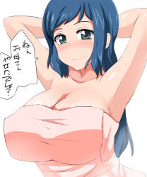 Rule 34 | 10s, 1girl, armpits, arms behind head, arms up, blue hair, blush, breasts, cleavage, collarbone, drop, green eyes, gundam, gundam build fighters, huge breasts, iori rinko, long hair, looking at viewer, mature female, naked towel, simple background, smile, solo, sugamo, sweat, towel, translated, upper body, white background