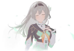 Rule 34 | 1girl, black hairband, black jacket, blush, bridal gauntlets, closed eyes, closed mouth, collared shirt, cropped jacket, facing viewer, firefly (honkai: star rail), floating hair, grey hair, hair intakes, hairband, hand on own chest, highres, honkai: star rail, honkai (series), jacket, long hair, neckerchief, orange neckerchief, shirt, simple background, smile, solo, upper body, white background, white shirt, zinkaa