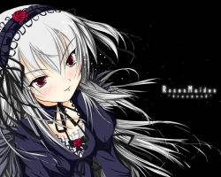 Rule 34 | 00s, black background, goth fashion, lolita fashion, red eyes, rozen maiden, silver hair, simple background, solo, suigintou, tagme