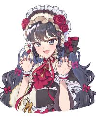 Rule 34 | 1girl, :d, ascot, black hair, blush, bonnet, bow, capelet, claw pose, commentary request, cropped torso, dolldolldd, fang, flower, frilled capelet, frills, gaaruru (pripara), hair bow, hands up, highres, korean commentary, lolita fashion, long hair, looking at viewer, nail polish, open mouth, pretty series, pripara, red ascot, red bow, red flower, red nails, red rose, ringlets, rose, sidelocks, simple background, smile, solo, upper body, very long hair, white background, wrist cuffs